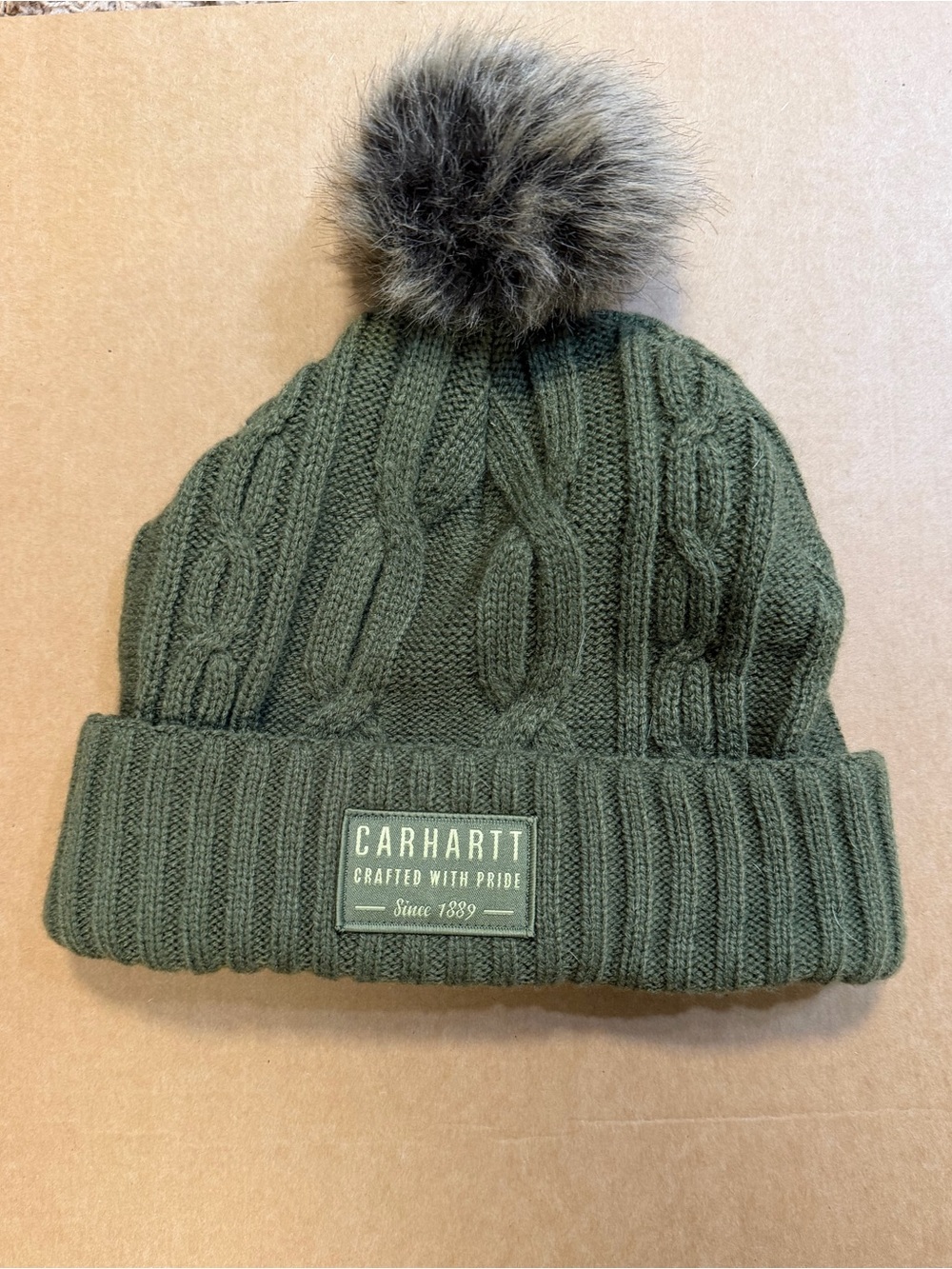 Women’s Carhartt beanie hat with Pom Pom green